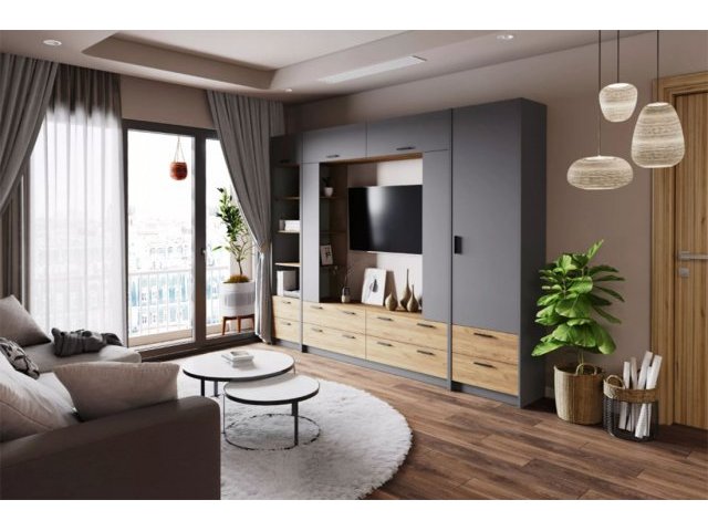 Мебель для гостиной Оттавия Комплектация 1, Антрацит/Дуб Крафт Золотой