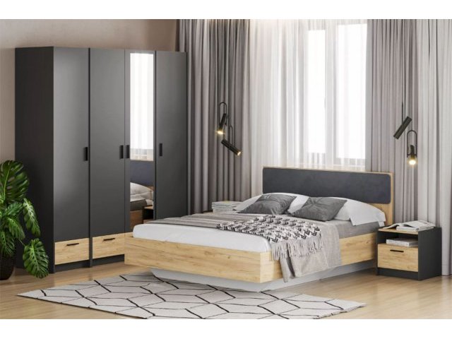 Спальня Оттавия Комплектация 4 с зеркалом, Антрацит/Дуб Крафт Золотой
