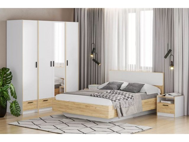 Спальня Оттавия Комплектация 4 с зеркалом, Белый Фасадный/Дуб Крафт Золотой