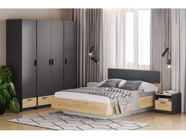 Спальня Оттавия Комплектация 4, Антрацит/Дуб Крафт Золотой