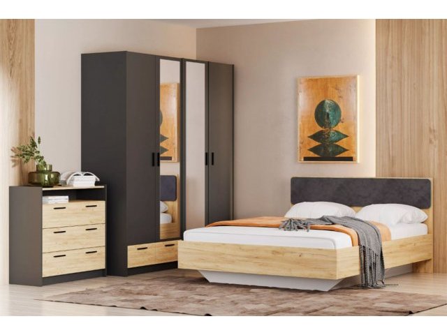 Спальня Оттавия Комплектация 6 с зеркалом, Антрацит/Дуб Крафт Золотой