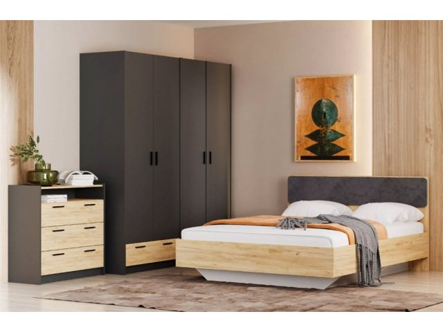 Спальня Оттавия Комплектация 6, Антрацит/Дуб Крафт Золотой