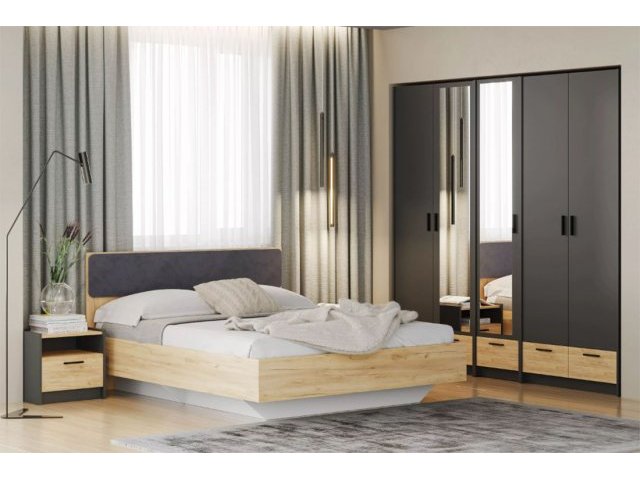 Спальня Оттавия Комплектация 5 с зеркалом, Антрацит/Дуб Крафт Золотой