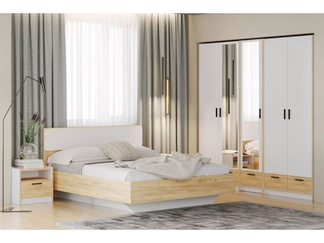 Спальня Оттавия Комплектация 5 с зеркалом, Белый Фасадный/Дуб Крафт Золотой