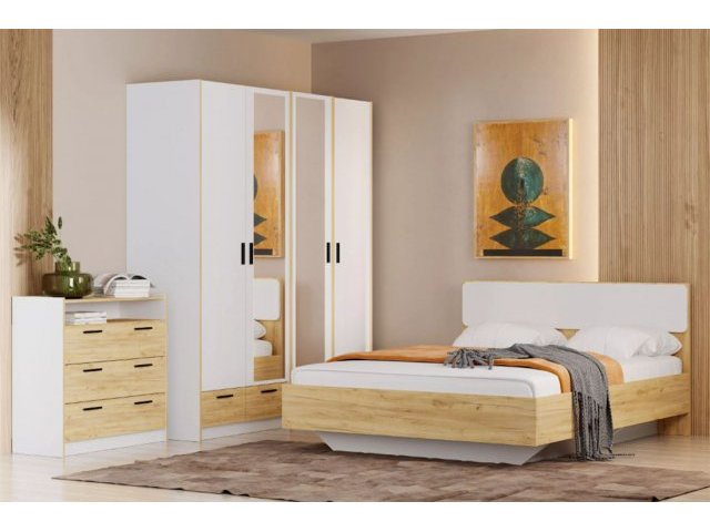 Спальня Оттавия Комплектация 6 с зеркалом, Белый Фасадный/Дуб Крафт Золотой