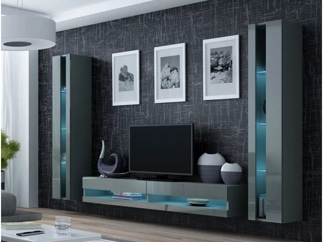 Гостиная Виго нью-3, корпус ЛДСП платина, фасад МДФ кобальт серый глянец