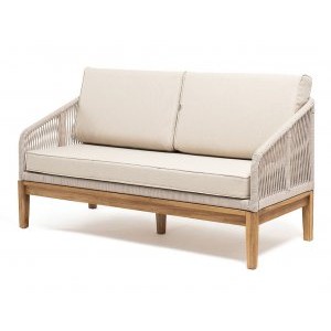"Канны" диван 2-местный плетеный из бежевого роупа, основание дуб, ткань бежевая 035