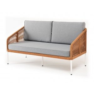 "Канны" диван 2-местный плетеный из роупа оранжевый меланж, ткань светло-серая