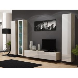 Гостиная Виго-2, корпус дуб молочный, фасад МДФ белый глянцевый