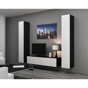 Гостиная Виго-9 корпус ЛДСП черный, фасад МДФ белый глянец