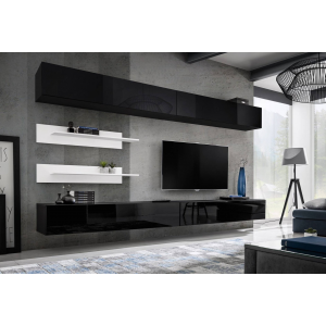 Стенка навесная в гостиную-1 МДФ черный глянец, белые полки