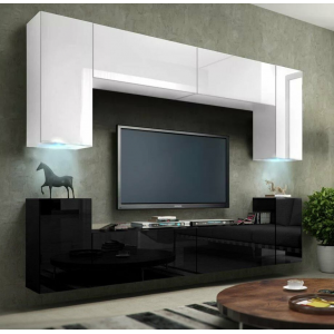 Стенка навесная в гостиную-9 МДФ, верх белый, низ черный глянец