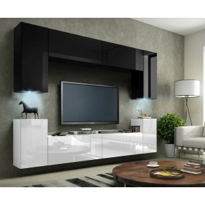 Стенка навесная в гостиную-9 МДФ, верх черный, низ белый глянец