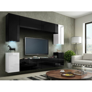 Стенка навесная в гостиную-9 МДФ глянцевый черный с белыми модулями