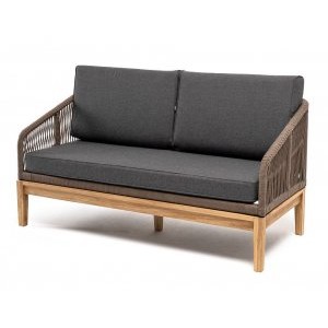 "Канны" диван 2-местный плетеный из коричневого роупа, основание дуб, ткань темно-серая 019