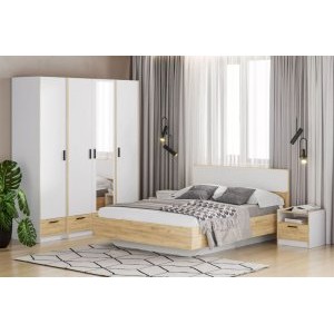 Спальня Оттавия Комплектация 4 с зеркалом, Белый Фасадный/Дуб Крафт Золотой