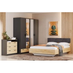 Спальня Оттавия Комплектация 6 с зеркалом, Антрацит/Дуб Крафт Золотой