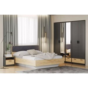 Спальня Оттавия Комплектация 5 с зеркалом, Антрацит/Дуб Крафт Золотой